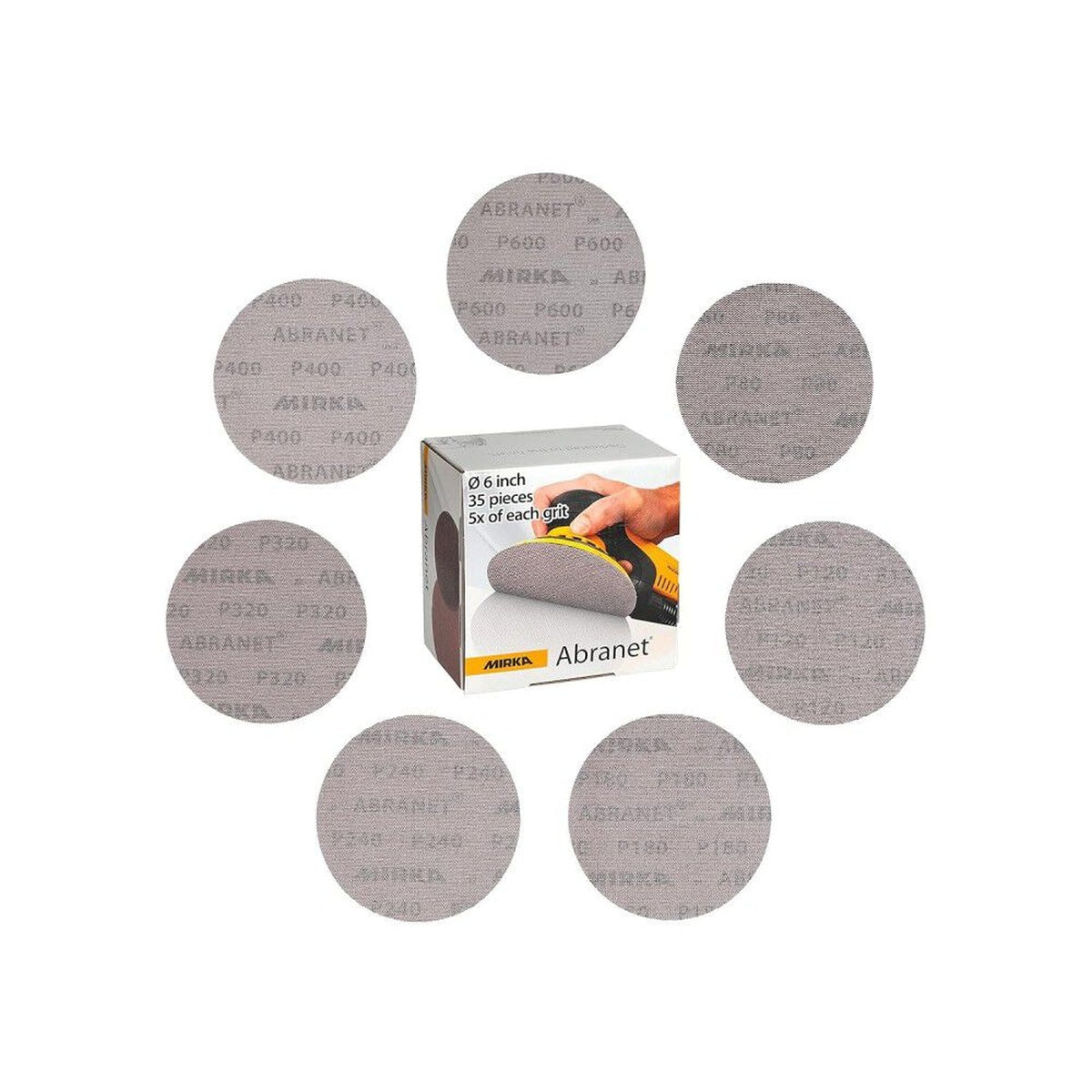 Mirka Abranet 6-in. 80-600 Grit Mesh Sanding Disc Assortment Pack, 35-Piece Hook and Loop (9A-241-AP)