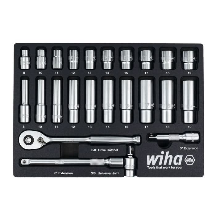 Wiha 33795 24-Piece 3/8 in. Drive Professional Standard And Deep Socket Tray Set, Metric