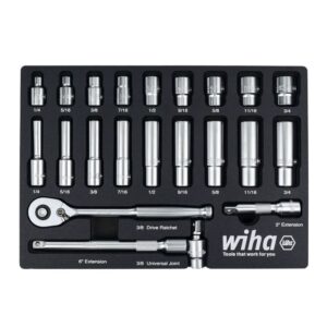 Wiha 33796 22-Piece 3/8 in. Drive Professional Standard And Deep Socket Tray Set, SAE