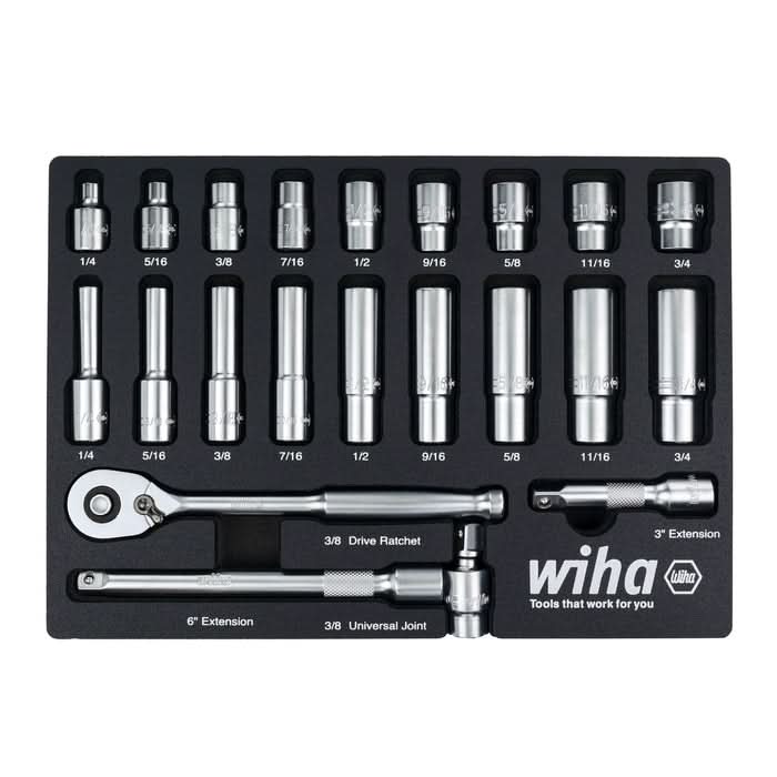 Wiha 33796 22-Piece 3/8 in. Drive Professional Standard And Deep Socket Tray Set, SAE