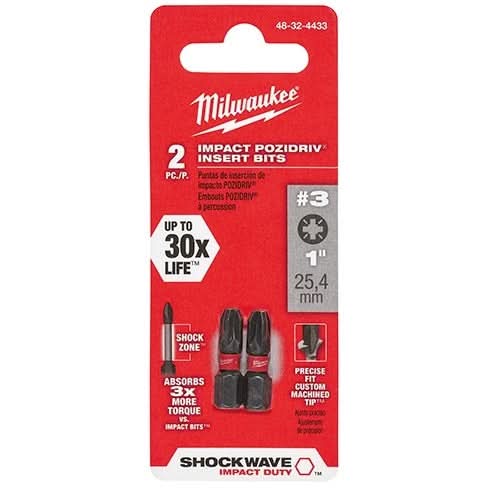 Milwaukee 48-32-4433 Shockwave 1-Inch Impact Pozidriv #3Insert Bits, 2-Pack