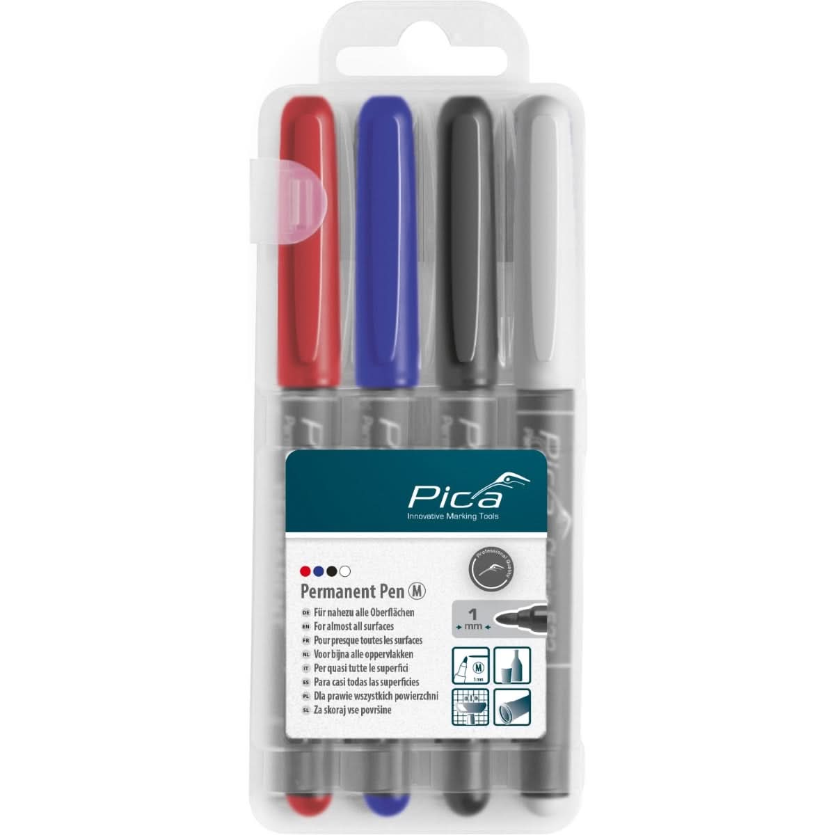 Pica Dry 534/04 4-Piece Classic 534 Instant Dry Permanent Marker Set, Red/White/Blue/Black