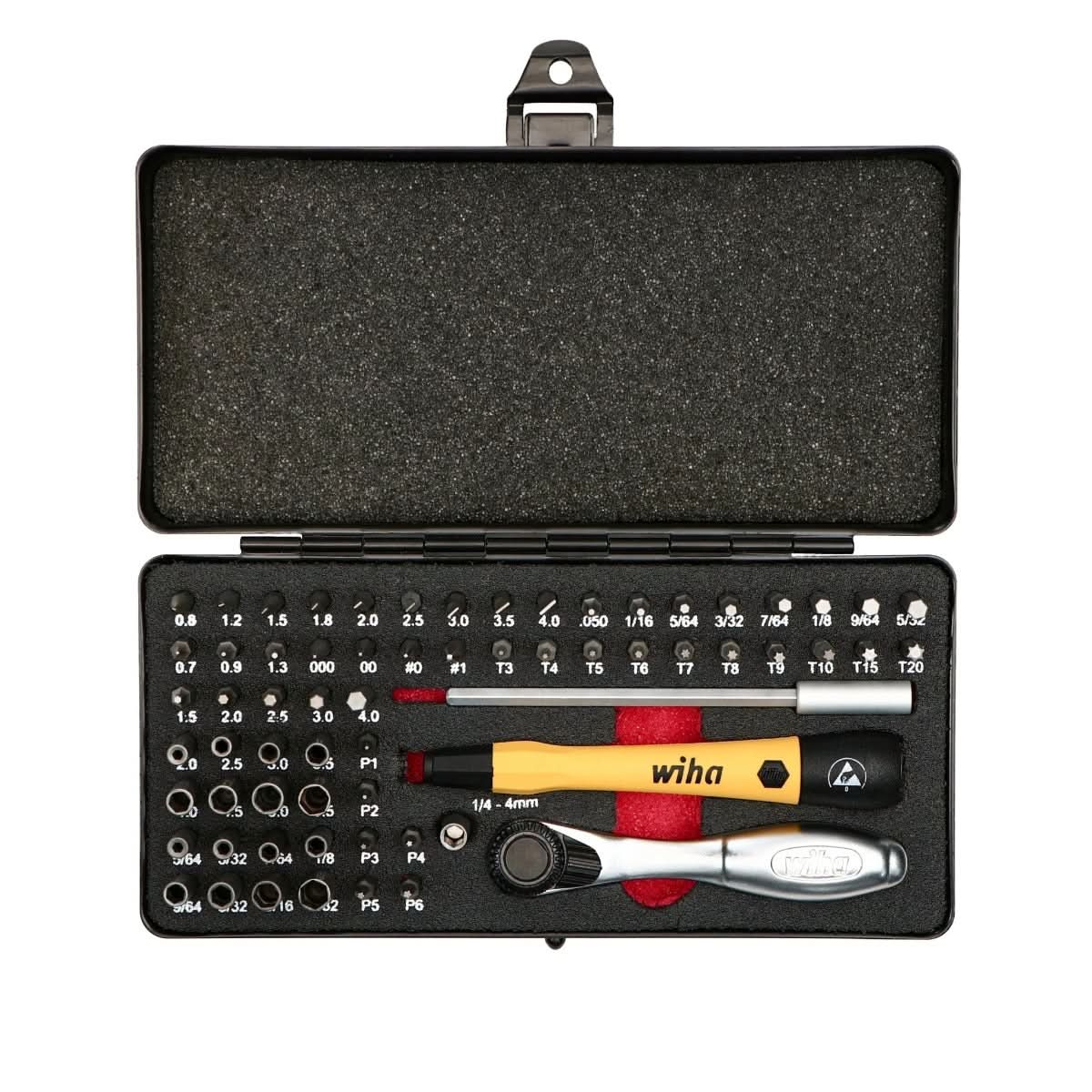 Wiha 75965 Master Tech 65 Piece Set - ESD Handle, Mini Ratchet and MicroBits In Metal Storage Box