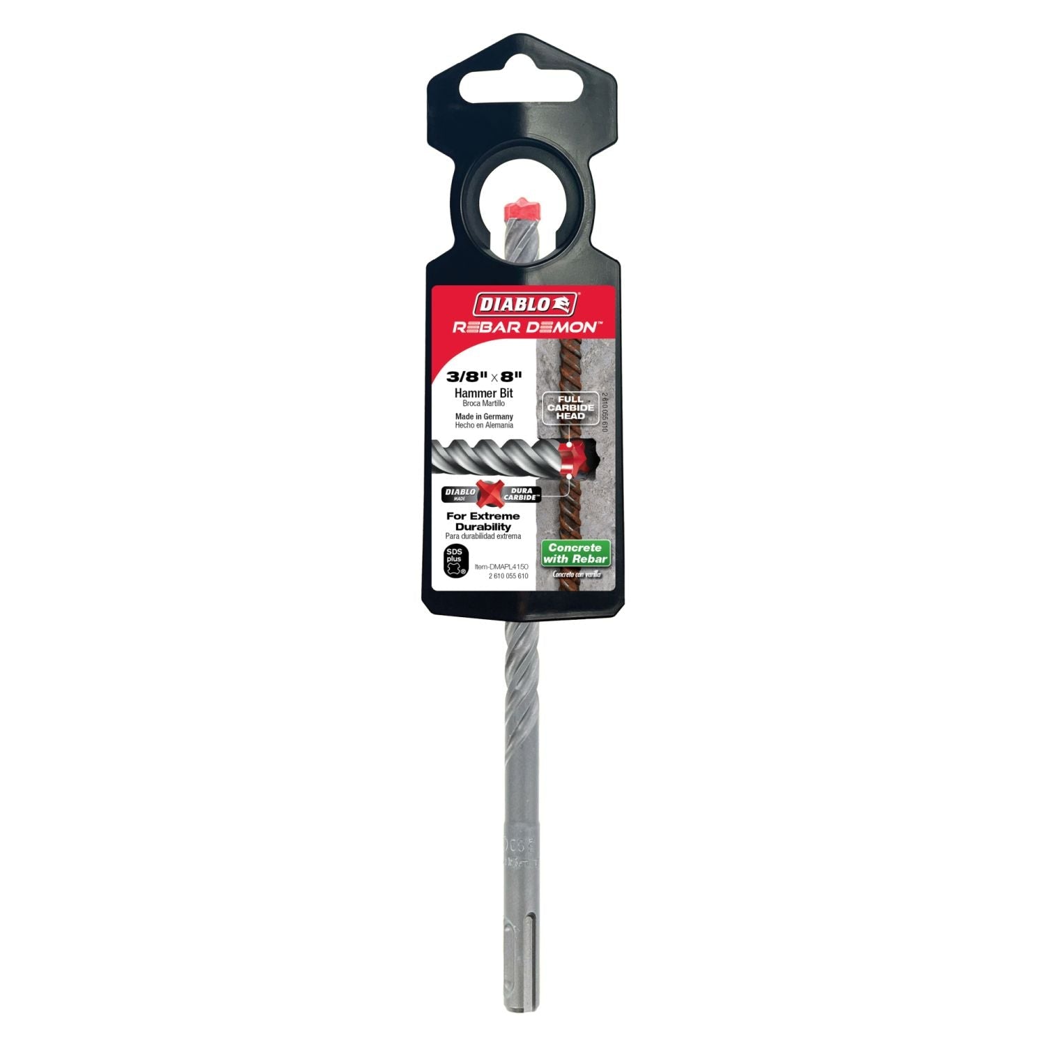 Diablo DMAPL4150 3/8 Inch x 6 Inch x 8 Inch Rebar Demon SDS-Plus 4-Cutter Full Carbide Head Hammer Drill Bit