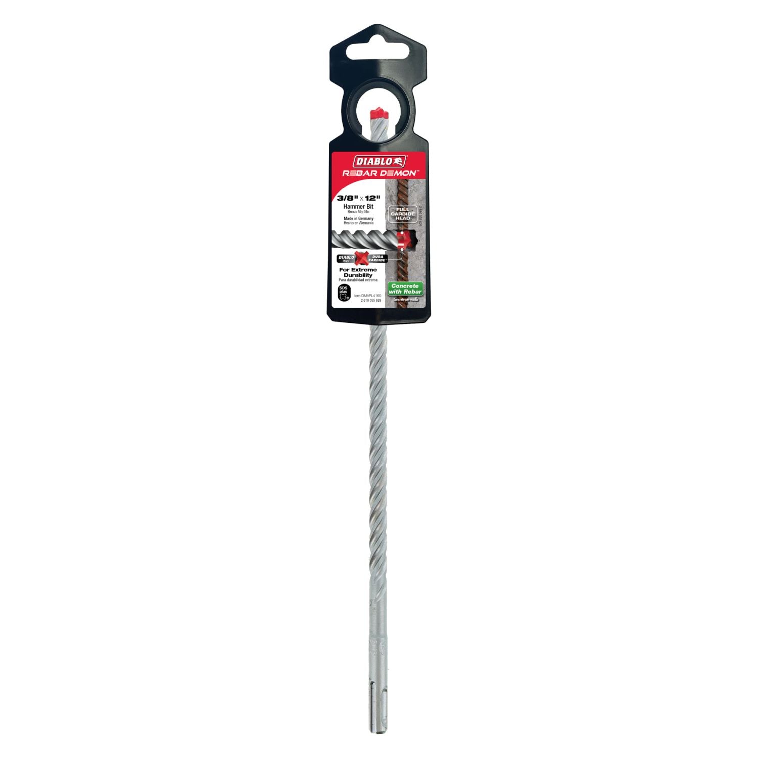 Diablo DMAPL4160 3/8 Inch x 10 Inch x 12 Inch Rebar Demon SDS-Plus 4-Cutter Full Carbide Head Hammer Drill Bit