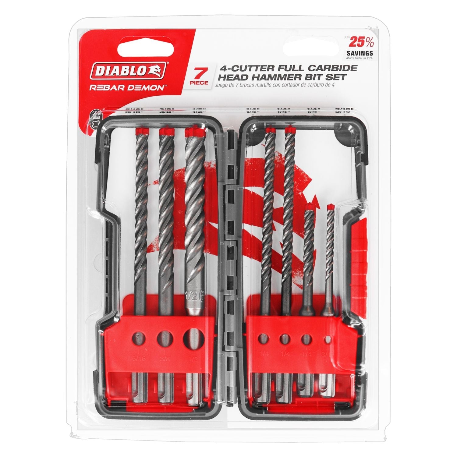 Diablo DMAPL9920-S7 7pc Rebar Demon SDS-Plus 4-Cutter Full Carbide Head Hammer Bit Set , 7-Piece
