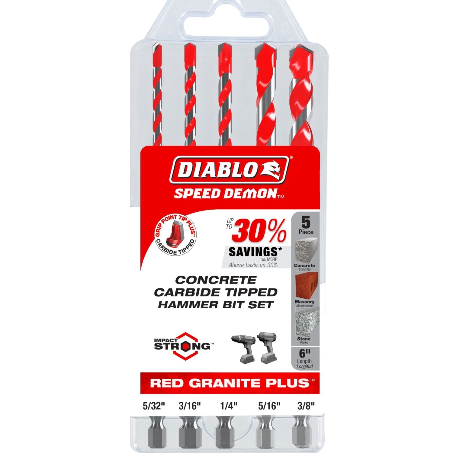 Diablo DMARG1220-S5 5-Piece SPEEDemon Red Granite Carbide Tipped Hammer Drill Bit Set , 5-Piece