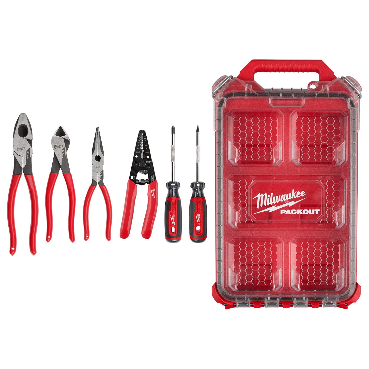 Milwaukee MT500-6P 6-Piece Dipped Grip Pliers, Wire Stripper, & Cushion Grip Screwdrivers PACKOUT Low-Profile Compact Organizer Set