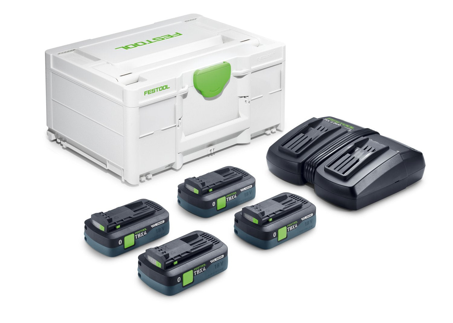 Festool SYS 18V 4.0Ah Tabless Bluetooth Battery 4-Pack and Dual Charger Combo Kit in Systainer (578946)
