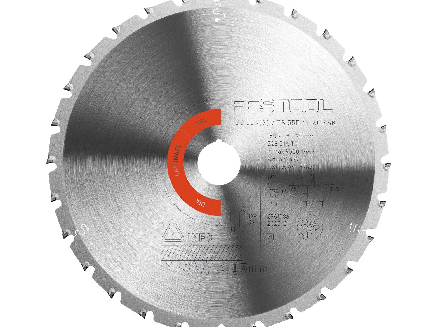 Festool 160mm 28-Tooth Diamond Circular Saw Blade for Laminate - TS 60 / TSV 60 (578701)