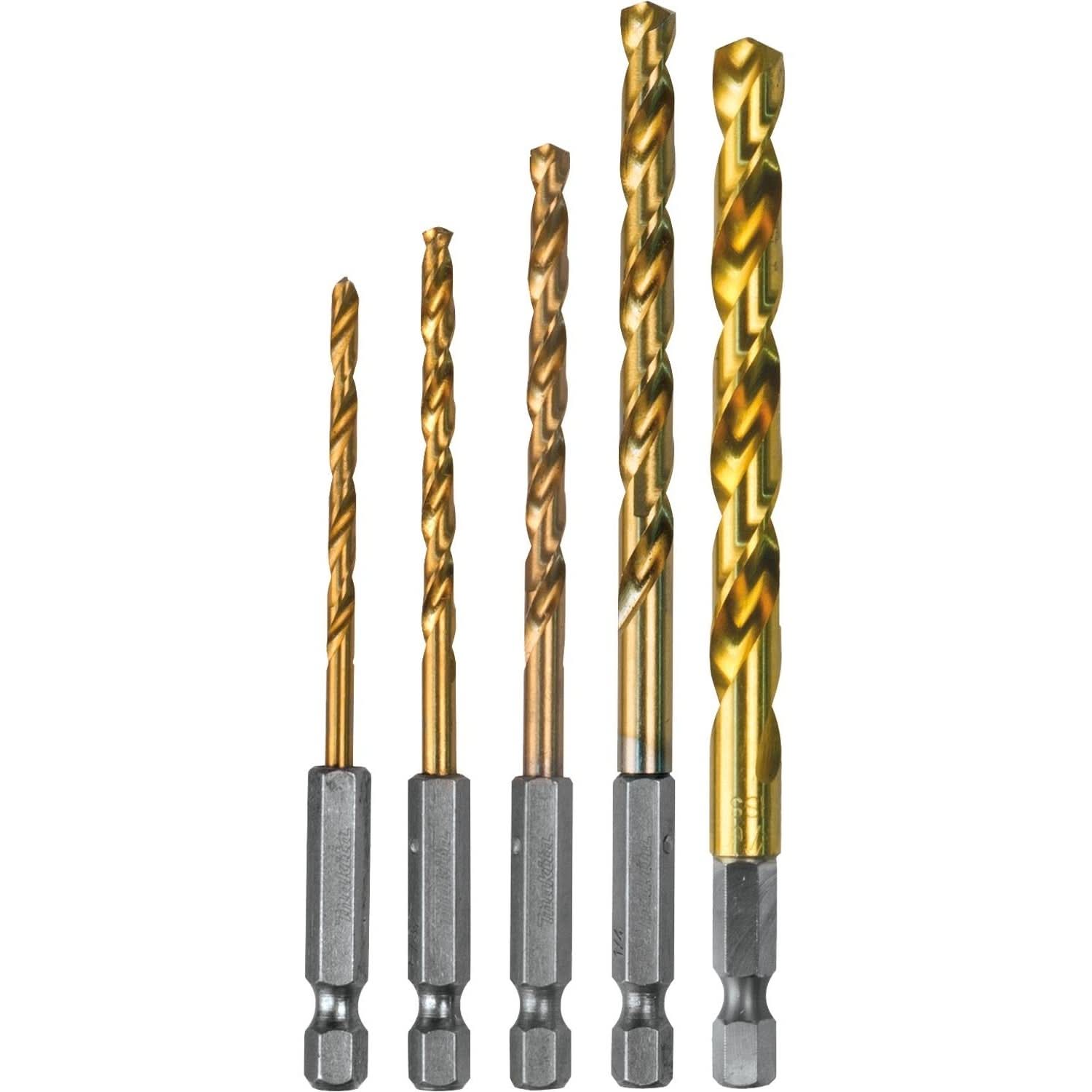 Makita D-35318 5 Pc. Titanium Coated Drill Bit Set, 1/4" Hex Shank