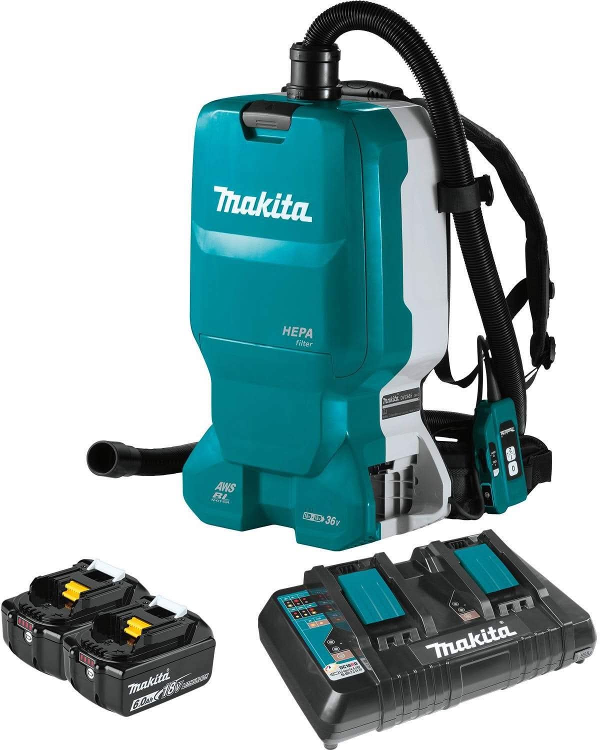 Makita XCV18PTX 36V (18V X2) LXT Brushless 1.6 Gallon HEPA Filter Backpack Dry Dust Extractor Kit, AWS Capable (5.0 Ah)