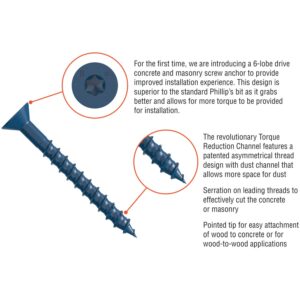 Simpson Strong-Tie TNT25114TFB Titen Turbo, 1/4-in. x 1-1/4-in. 6-Lobe Flat-Head Concrete and Masonry Screw, Blue, 3000-Pack