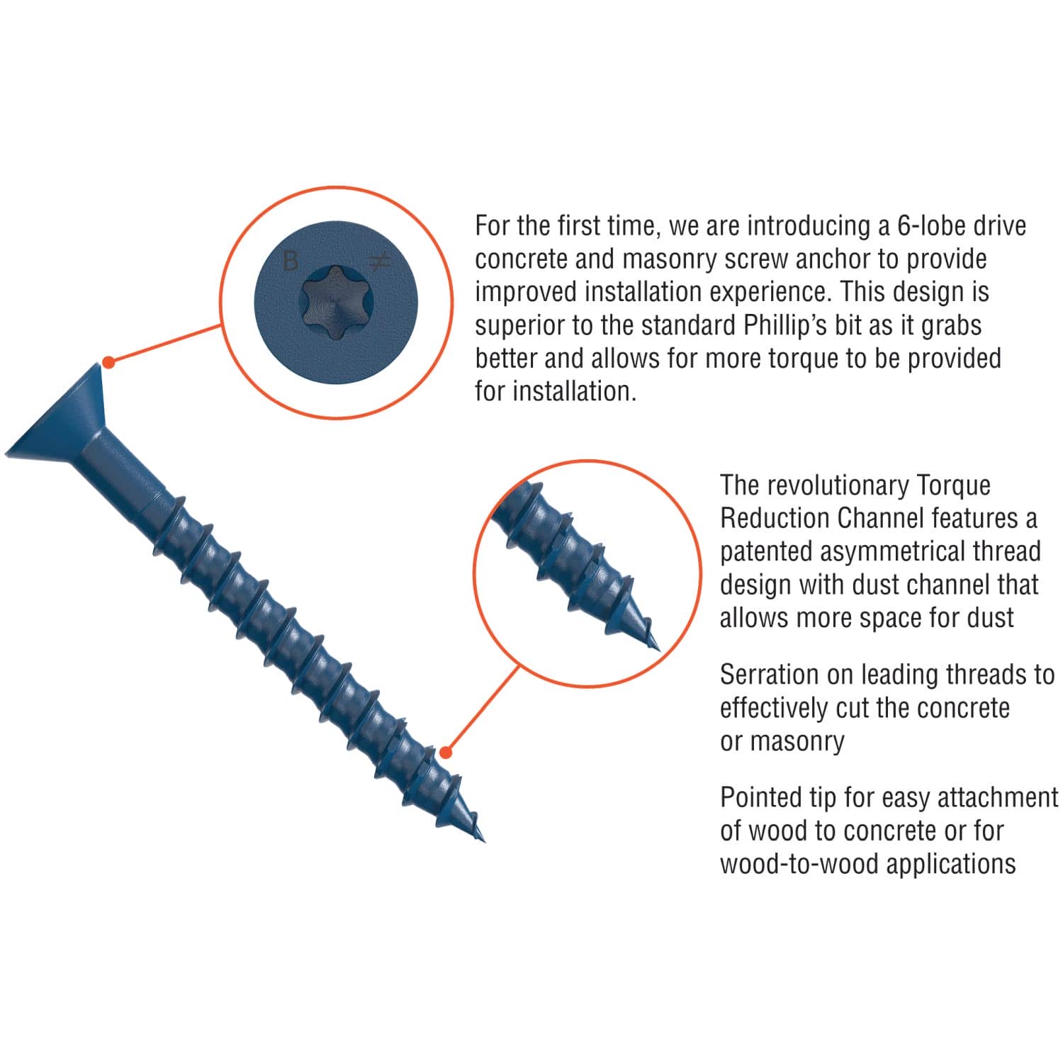 Simpson Strong-Tie TNT25114TFB Titen Turbo, 1/4-in. x 1-1/4-in. 6-Lobe Flat-Head Concrete and Masonry Screw, Blue, 3000-Pack