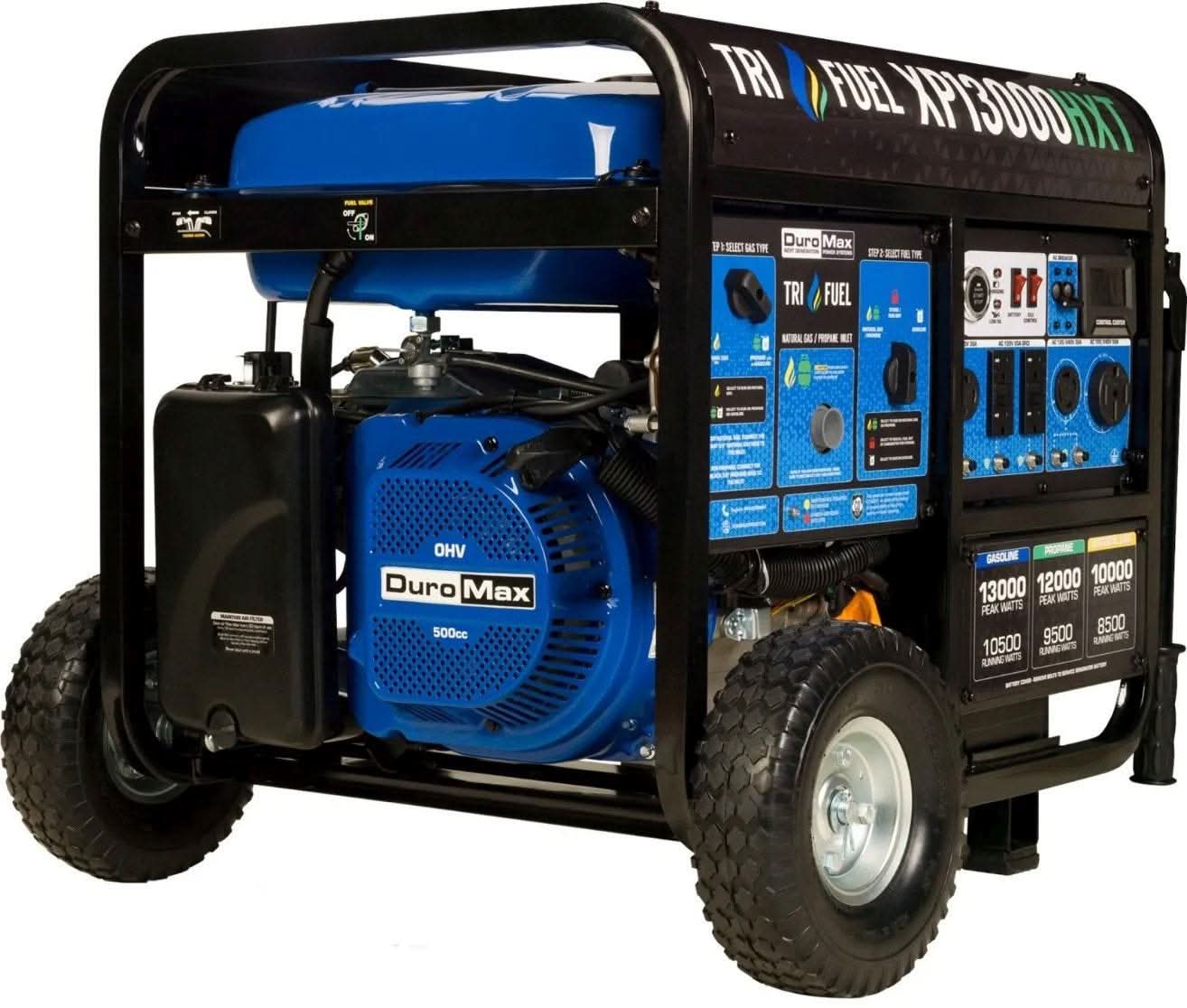 DuroMax XP13000HXT 13000-Watt 500cc Tri Fuel Gas Propane Natural Gas Portable Generator with CO Alert